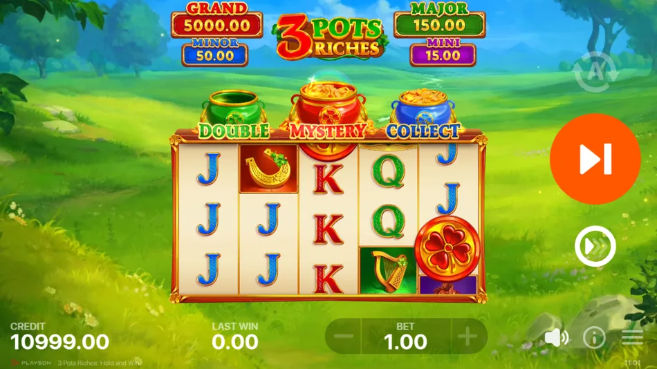 3 Pots Riches Hold and Win base game grid with three clover pots above the reels and a rainbow behind