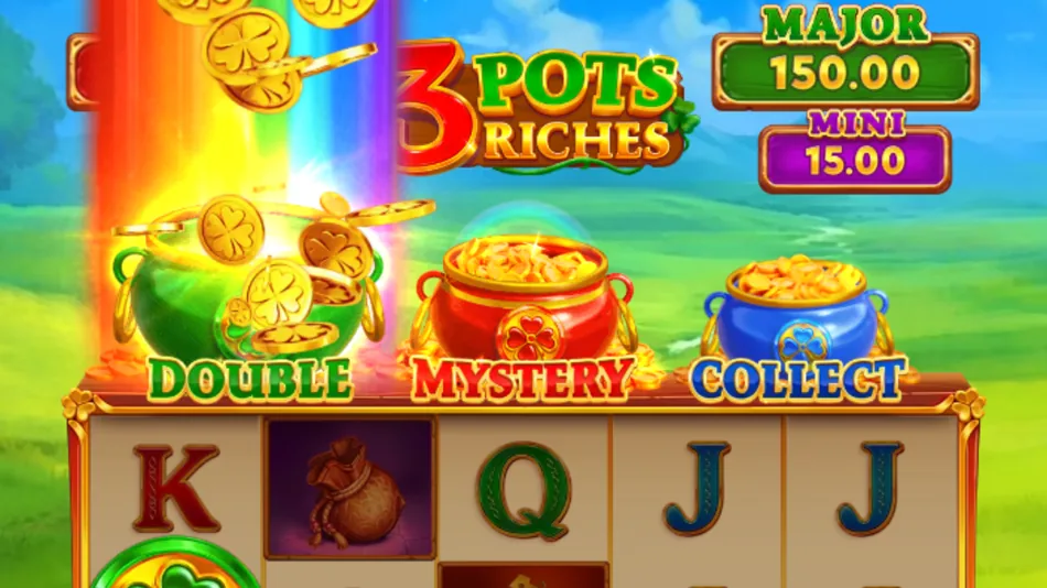 Close-up of the three clover pots above the reels with a coloured Clover Coin dropping into one of them
