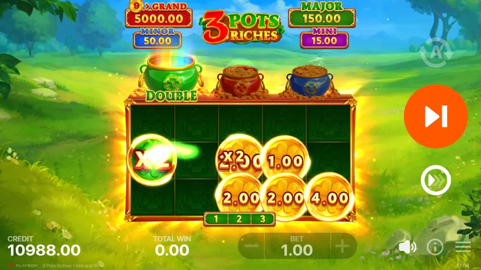 Double Feature triggering as the printed values on the bonus coins switch to doubled amounts