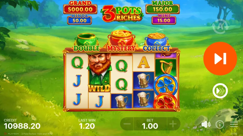 Free Spins round with the leprechaun Wild on the middle reel, a highlighted payline and the remaining spins counter