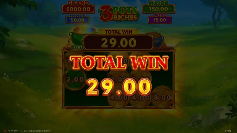 Fully filled 15-cell grid awarding the 5,000x Grand Jackpot in 3 Pots Riches