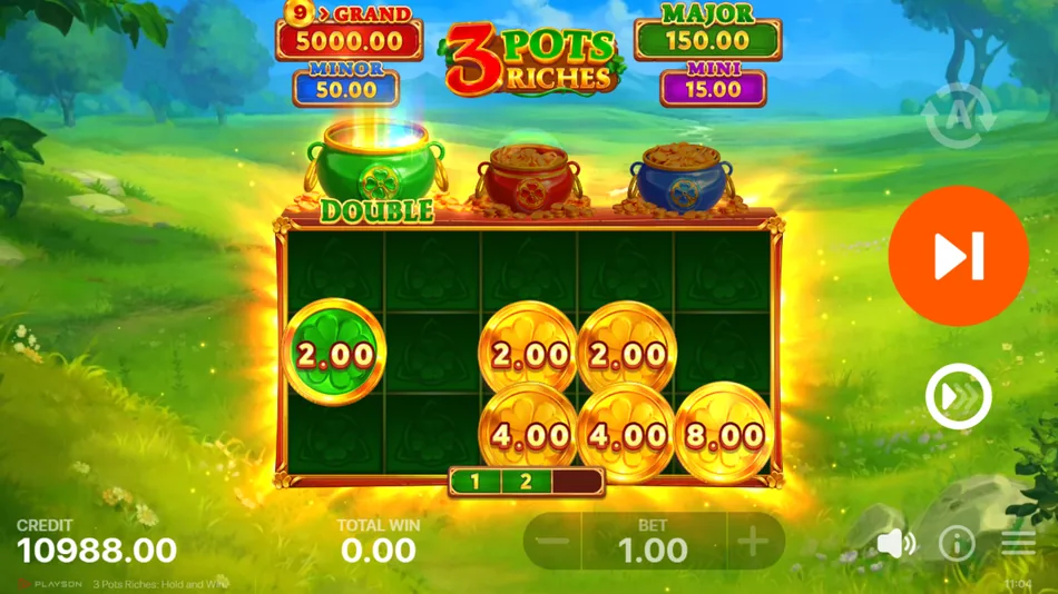 Hold and Win screen with partly filled grid, coin values x2, x5 and x10 and the re-spin counter